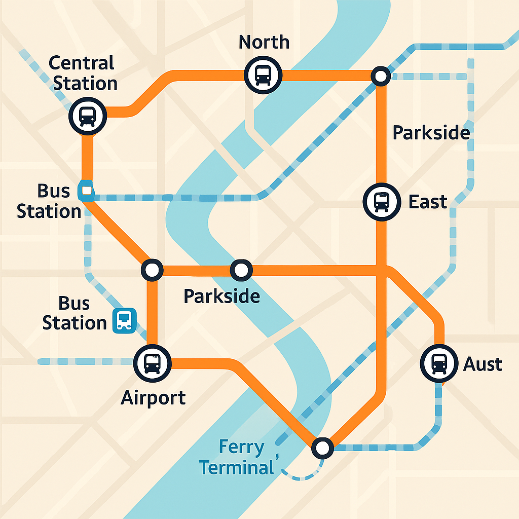 Stylized transit map featuring five bold-colored transit lines intersecting across a simplified city grid. Each line is labeled with a color and a route name: The Red Line (Downtown Loop) runs horizontally from the left (West Station) to the right (Central Market), stopping at key stations including Tech Hub, Museum District, and Union Square, located in the heart of the map. The Blue Line (Riverside Express) curves diagonally from the bottom left (Harbor Point) to the upper right (University Heights), passing through Library Station, Civic Centre, and Medical Campus. The Green Line (Parkline Local) arches from the upper left corner (Botanic Gardens) through City Zoo, East Park, and terminates at Community Hall near the lower center. The Yellow Line (Airport Connector) runs vertically from North Hills Terminal at the top, stopping at Midtown Transfer (central hub), then continuing southward to International Airport Station. The Purple Line (Tech Ridge Route) branches from Innovation Park in the upper right, moves west through StartUp Lane, intersects the Red Line at Union Square, and ends at Old Town Station in the lower left. Transfer stations are marked with overlapping colored circles, especially prominent at Union Square, where four lines converge. The map background shows minimal street detail but includes stylized icons such as a plane for the airport, a book for the library, and a tree for the park. The map is not to scale and emphasizes simplicity, clarity, and connectivity rather than geographic precision.