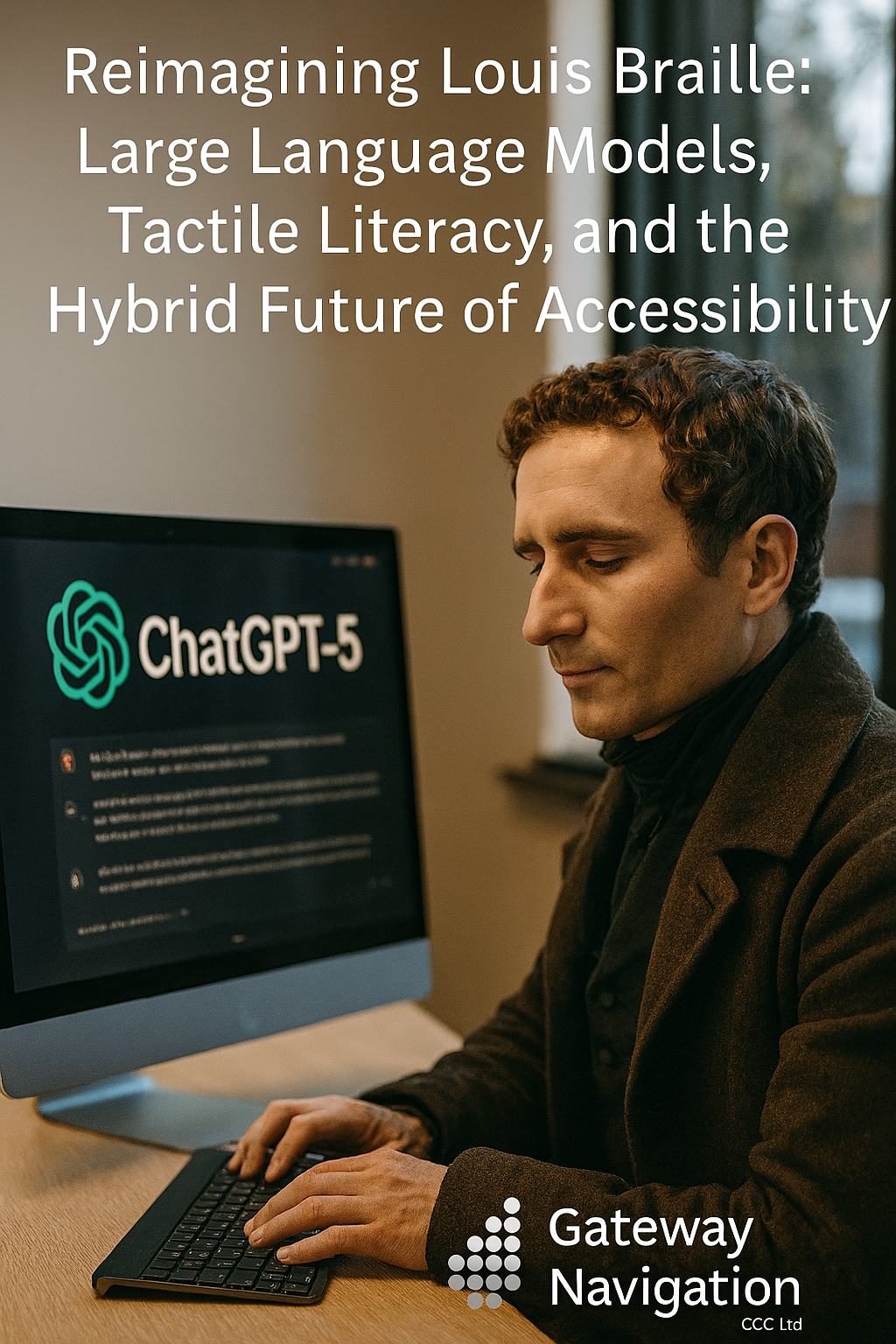 A digital composite image shows Louis Braille, a young man with dark hair in early 19th-century clothing, seated at a modern computer. His fingers hover over a black keyboard as daylight filters through a nearby window. On the screen is the ChatGPT-5 interface. Text above the image reads 