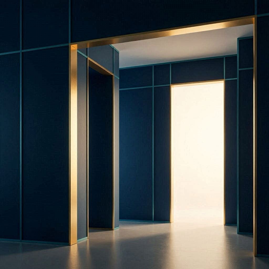 Image accessible audit testing. Abstract architectural threshold forms  clean geometric doorways and frames dissolving into open light. Deep navy blue with teal geometric lines and warm gold highlight edges. Minimalist, high-contrast safe, wide horizontal banner. No people, no literal accessibility symbols. Structured and revealing."
________________________________________
