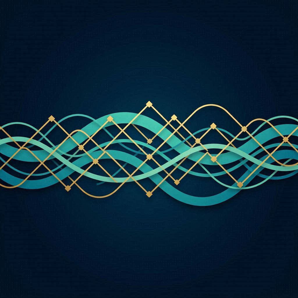 Image Abstract waveform and lattice hybrid — organic signal curves interwoven with a soft geometric grid, suggesting technology adapting to human rhythm. Navy blue background with teal wave lines and gold lattice highlights. Minimalist, high-contrast safe, wide banner. No literal devices or robots. Elegant and dynamic.