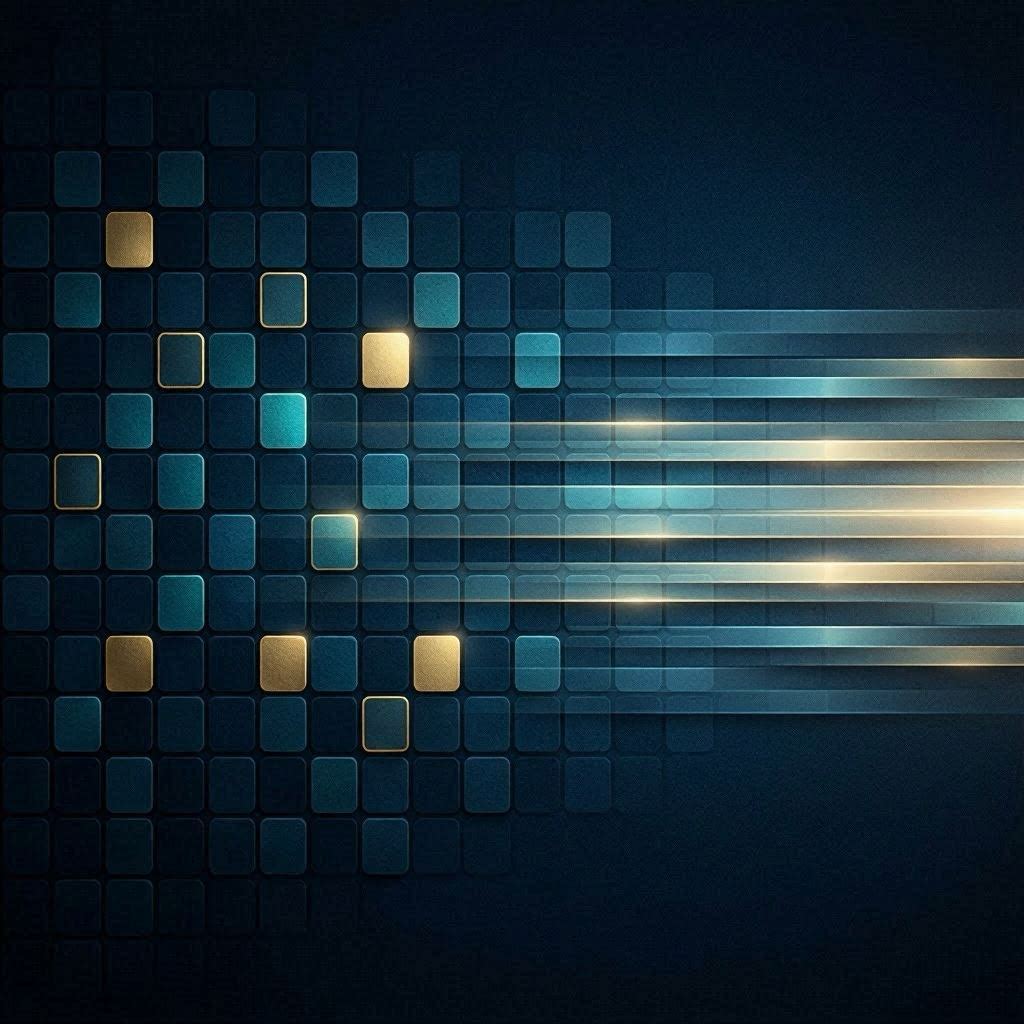 Image camera vision. “Soft pixel mosaic dissolving into light beams, abstract and geometric. Navy blue base with teal and gold highlights. High contrast safe, minimalist, wide horizontal banner. Clean, futuristic.”