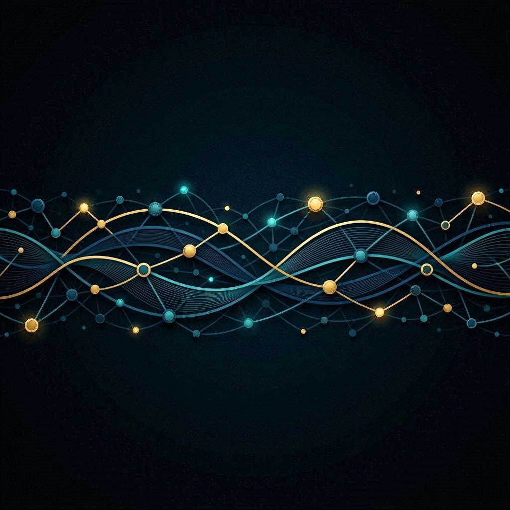 Image Brain waves. “Abstract neural network lines and nodes flowing left to right, in navy blue, teal, and gold. Minimalist, high contrast safe, soft glow accents. Wide banner format. Elegant and modern.”