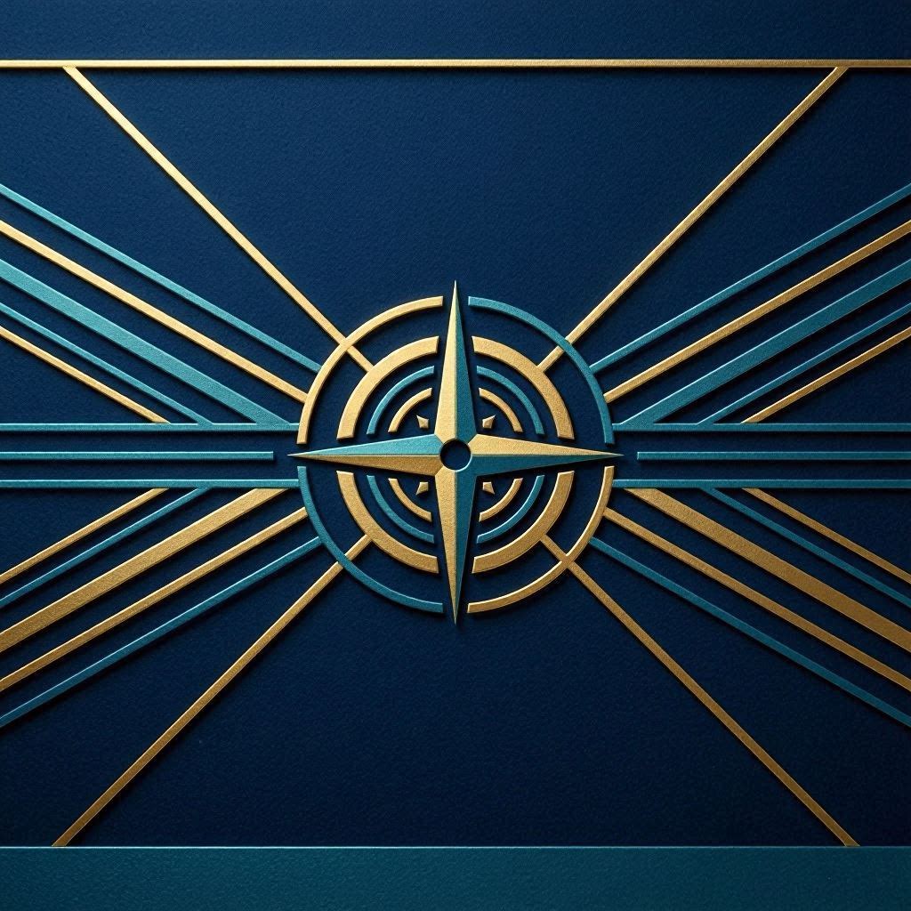 Image direction guidence. “Clean directional guiding lines converging toward a subtle abstract compass motif. Navy blue background with teal and gold accents. High contrast safe, minimalist, wide banner.”