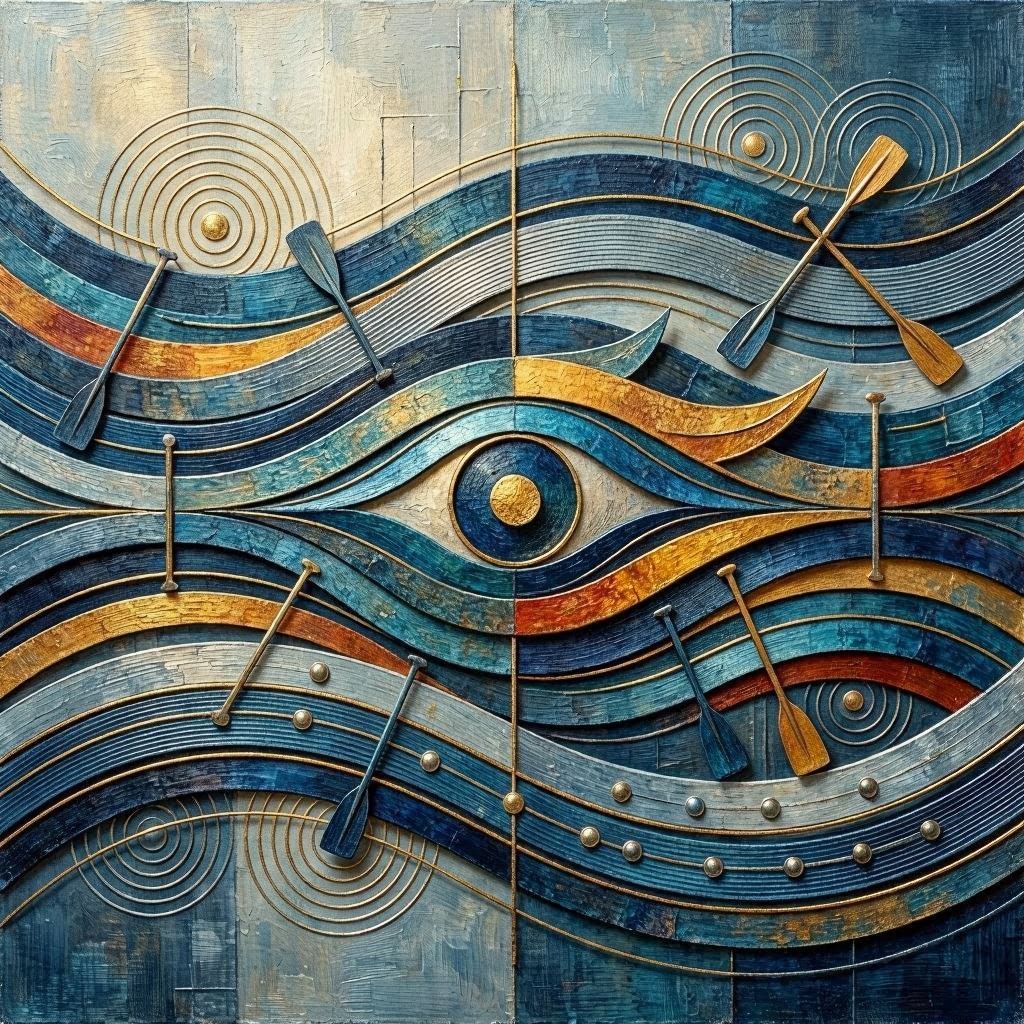 Image integrating story of Eye of the Dragon. Create an abstract, dynamic composition that blends the spirit of dragon boat racing with the story of Eye of the Dragon, the first special‑population dragon boat team composed of blind, low‑vision, and deafblind paddlers supported by sighted volunteers. Incorporate symbolic elements rather than literal depictions: flowing water forms, rhythmic paddle strokes, and a stylized dragon’s eye representing unity, perception beyond sight, and collective strength. With subtle reference to Ravenna 2014 World Championships gold medaling in 500m and 2000m adaptive division.